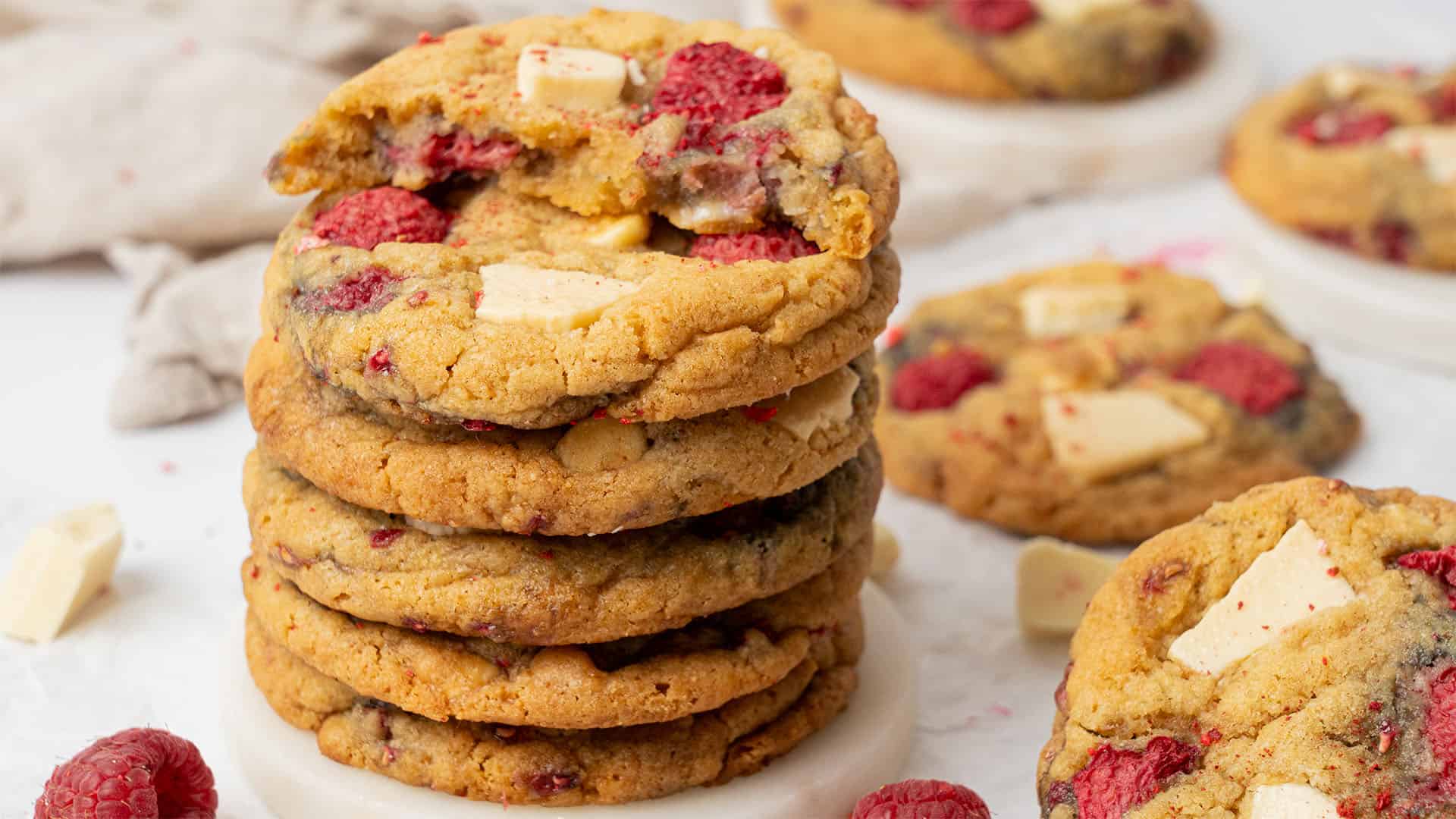 White chocolate raspberry cookies on top of each.