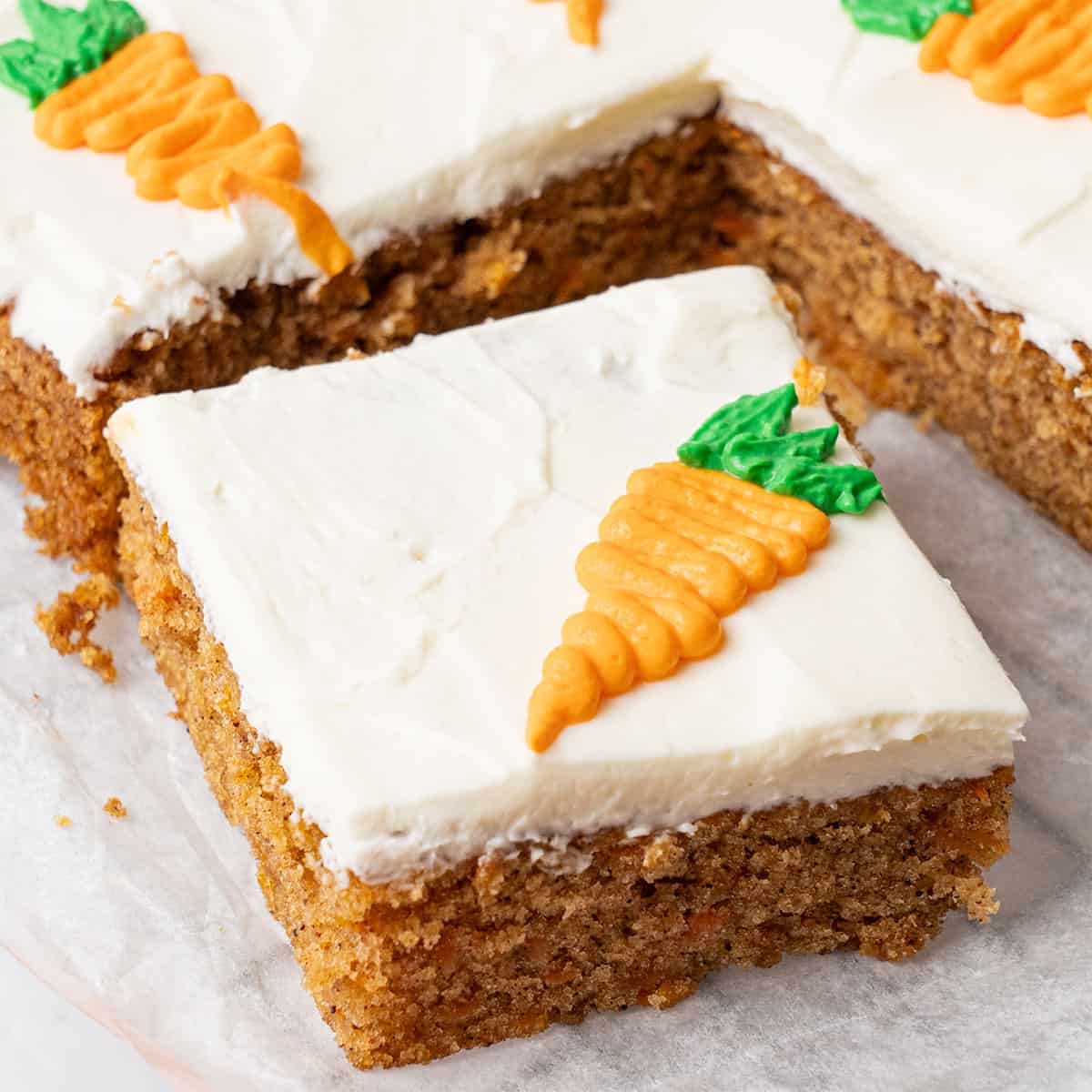 a slice of carrot sheet cake.