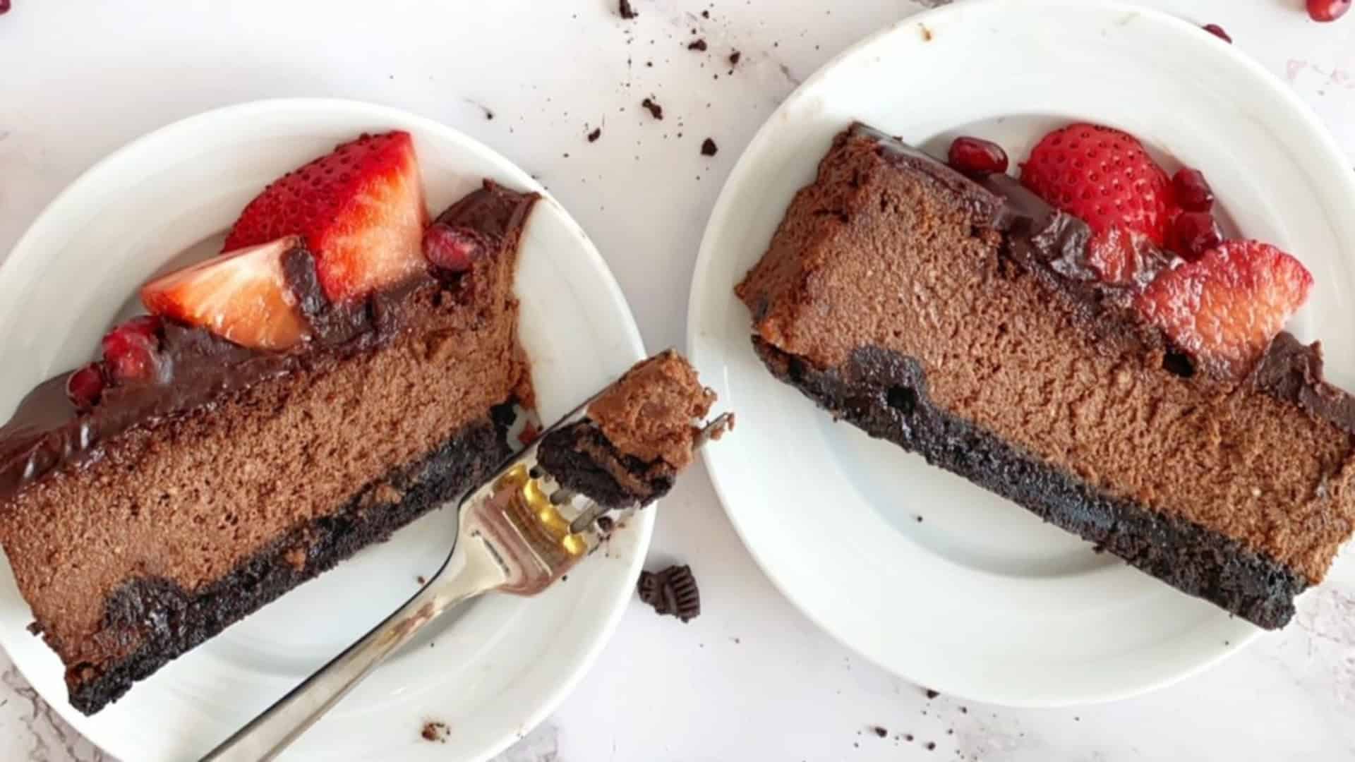 chocolate and ricotta cheesecake on white plates