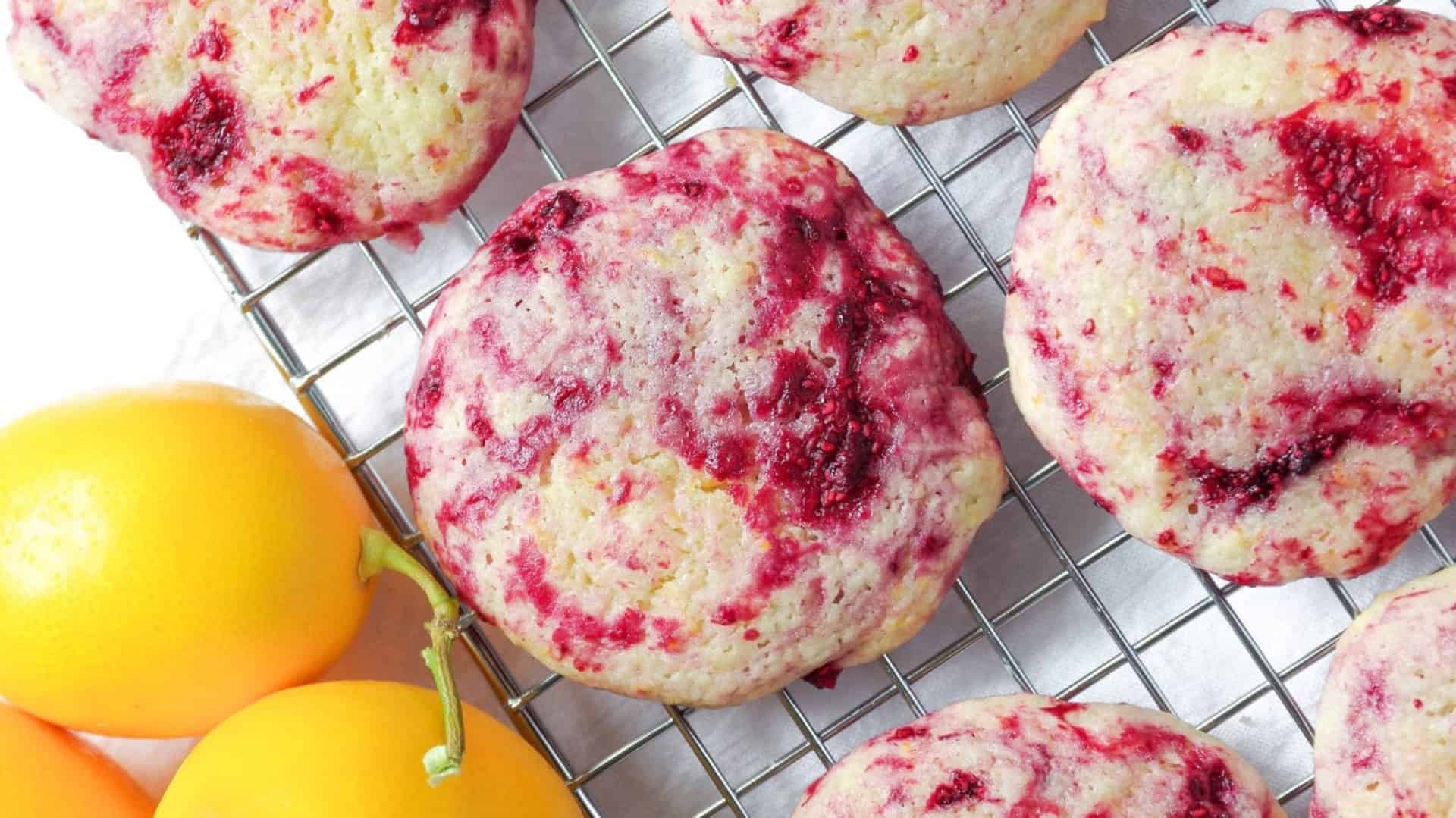 raspberry jam cookies with lemon on a cooling rack