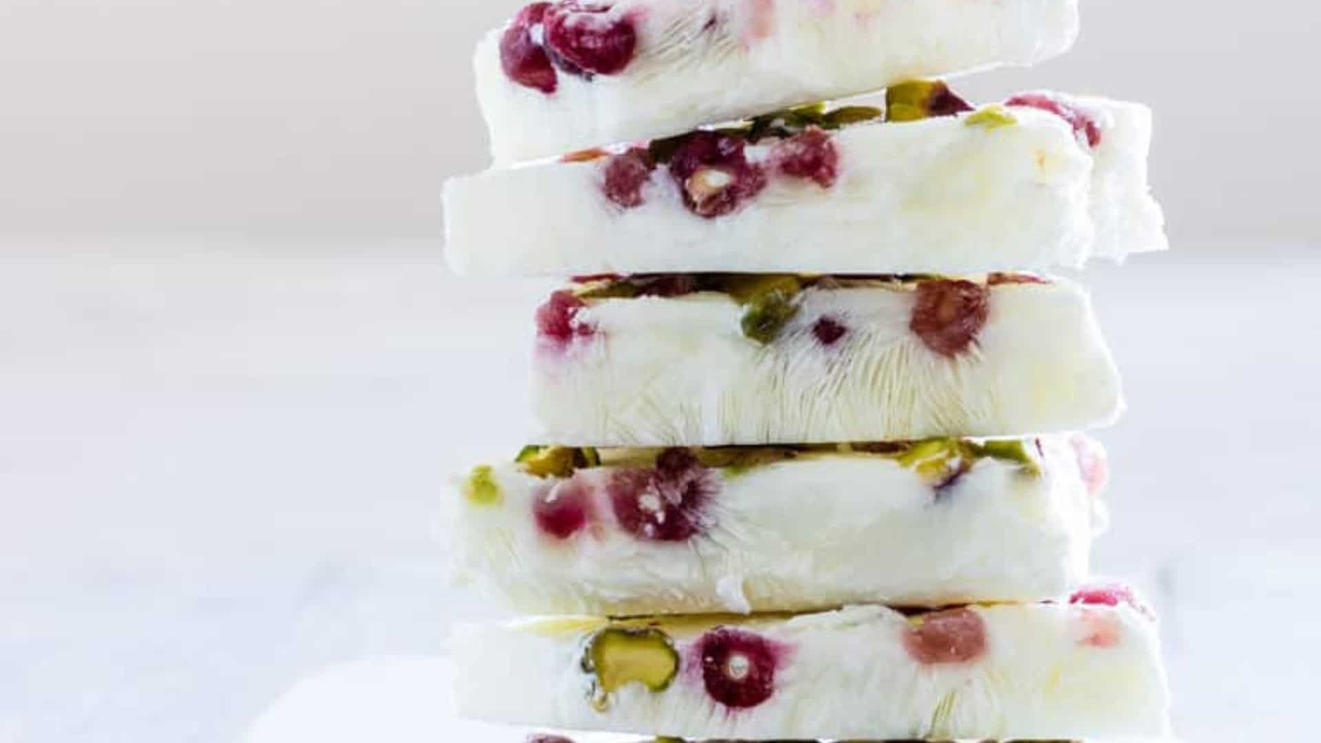 Pistachio And Pomegranate Frozen Yogurt Bark.