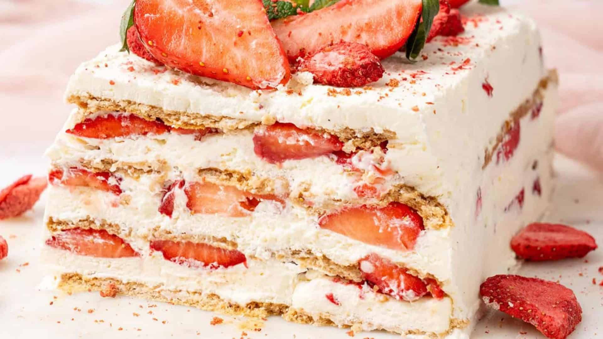 slice of strawberry ice box cake with fresh berries