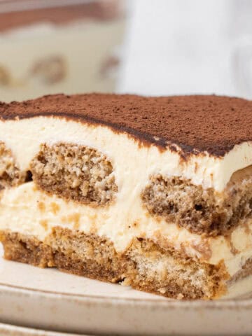 A slice of tiramisu on plate.