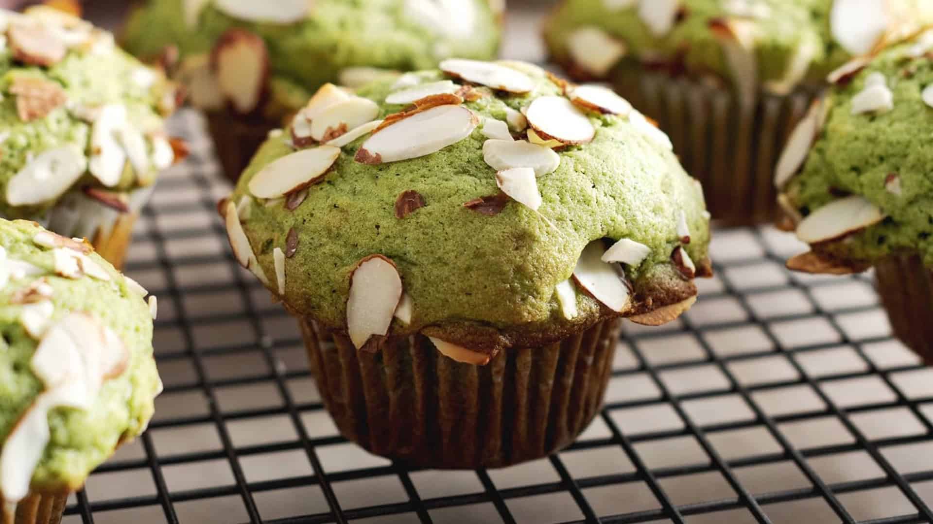 Matcha muffins with almonds on top