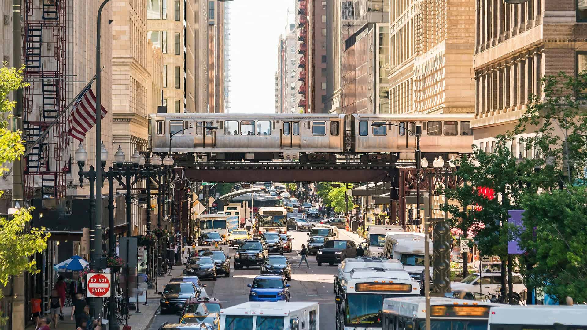 train on track above the street in Chicago