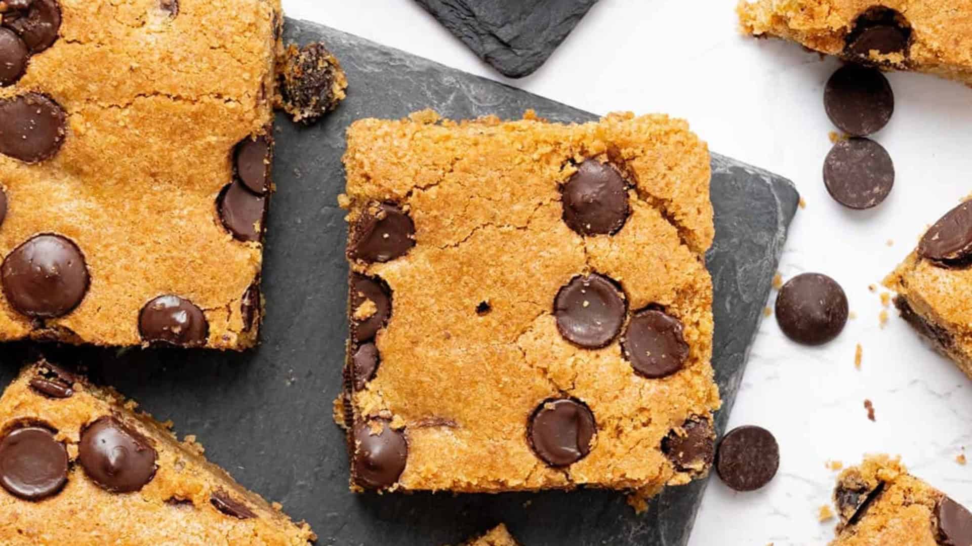 chocolate chip cookie bars cut into squares