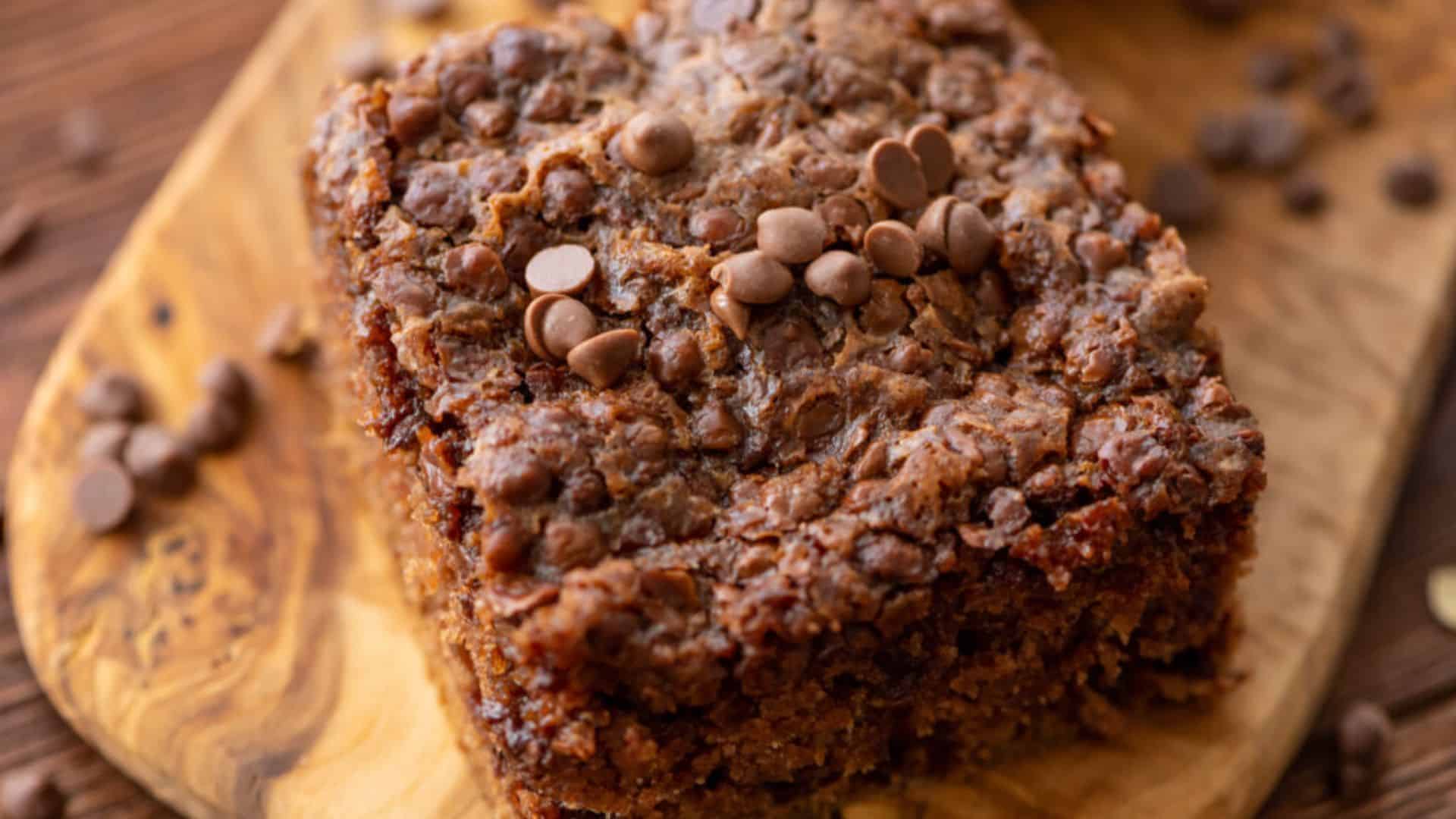 A slice of chocolate oatmeal cake.