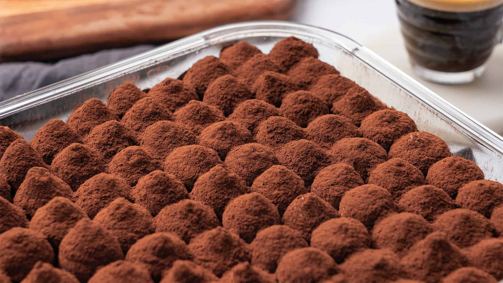 Chocolate tiramisu in a food container.