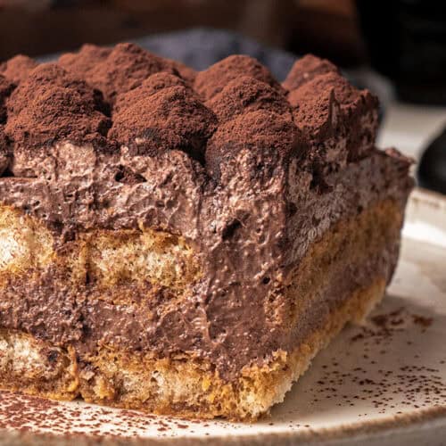 a slice of Chocolate tiramisu on a plate.