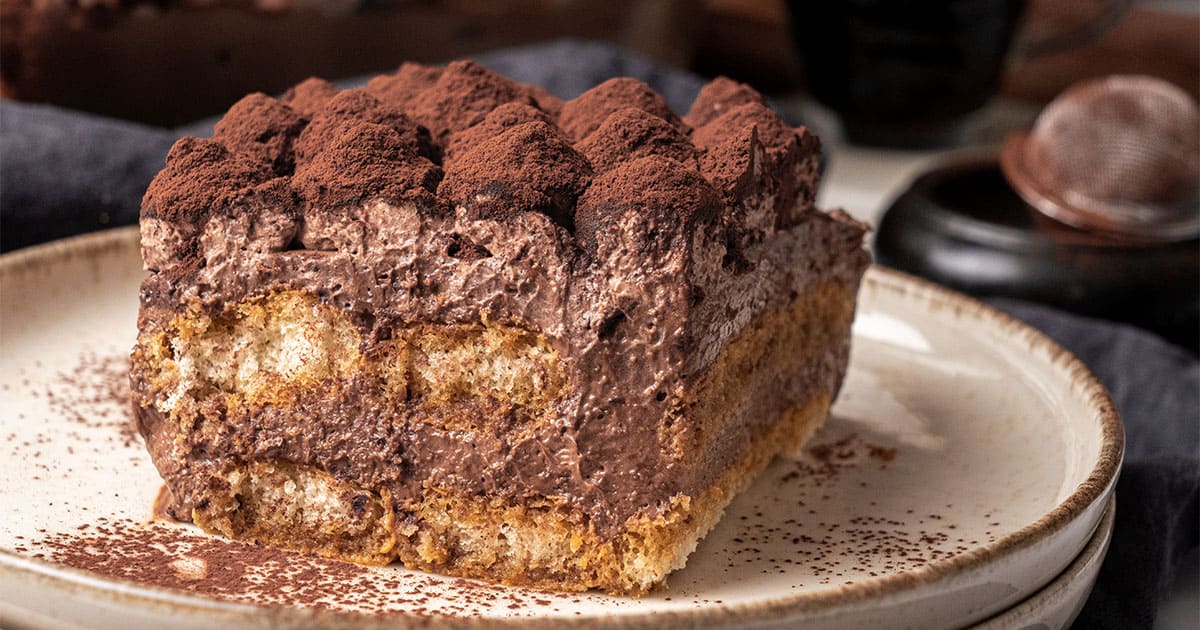 a slice of Chocolate tiramisu on a plate.