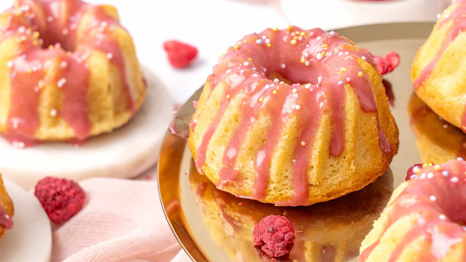 Mini bundt cake on a cake stand.