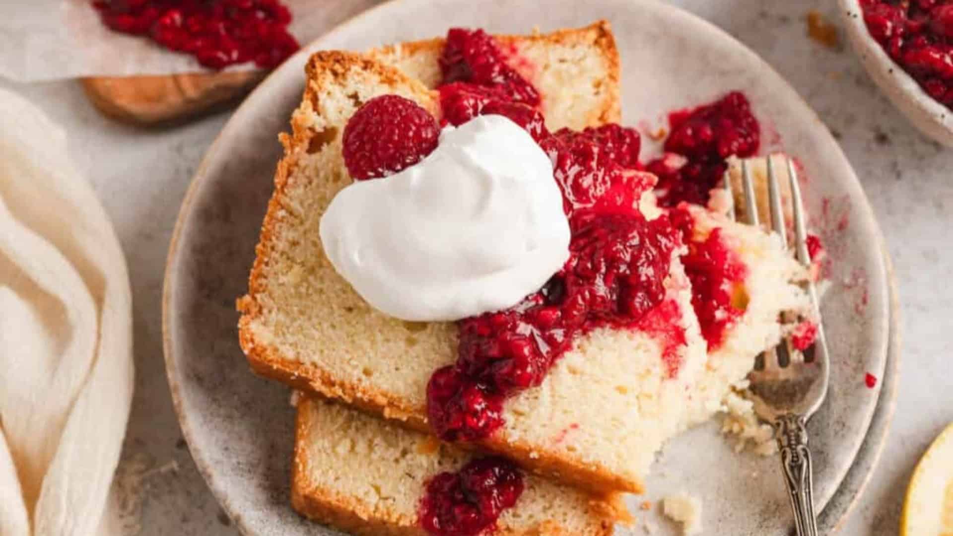 Pound cake made with cream cheese and raspberry sauce