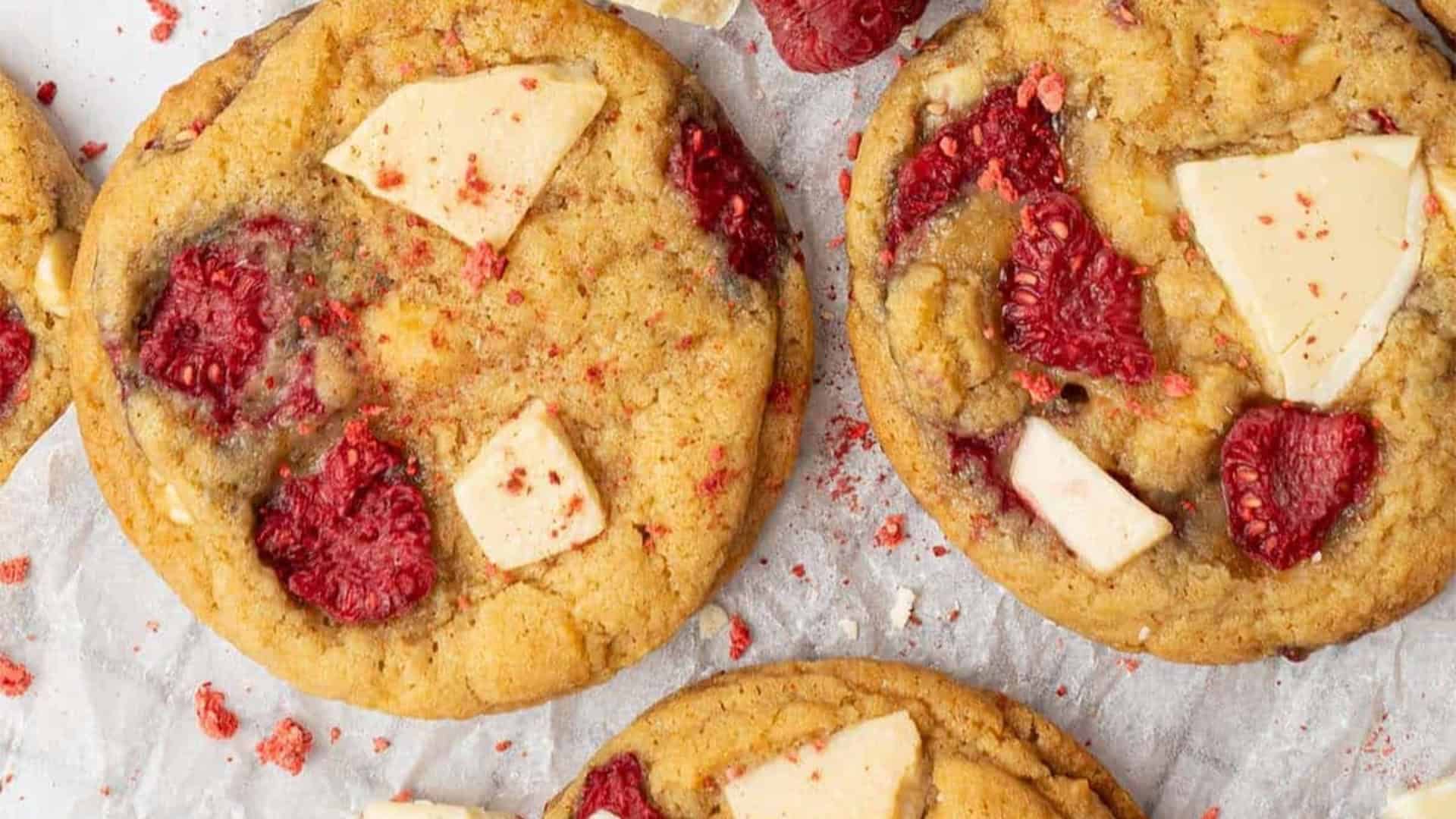 white chocolate chunk cookies with fresh raspberries