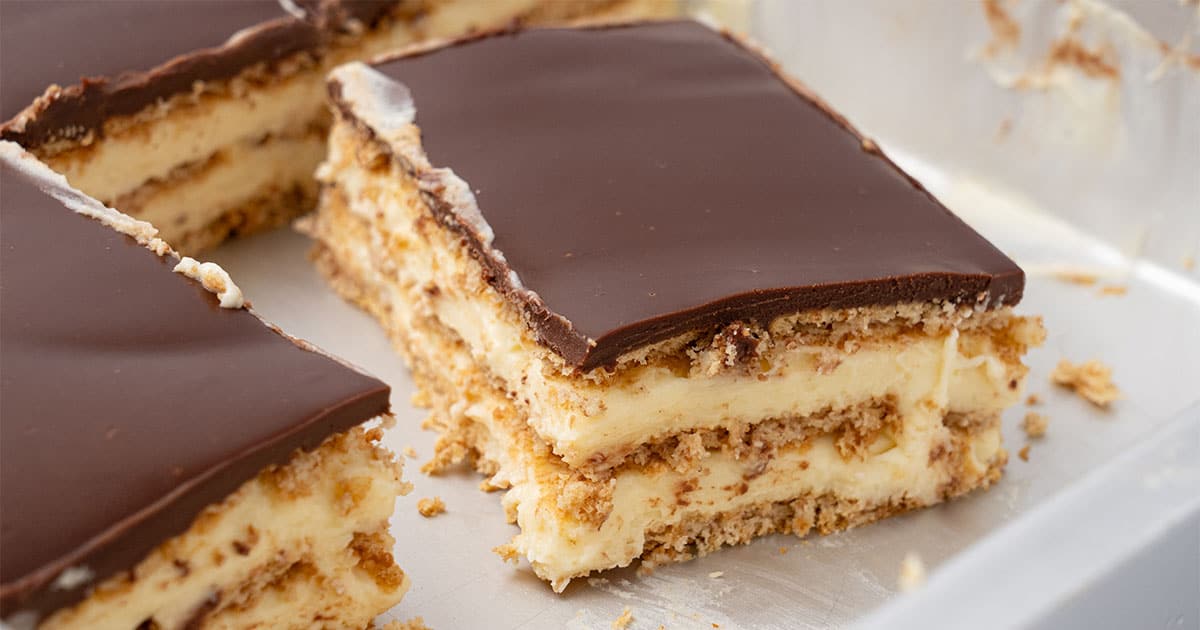 A slice of Chocolate Eclair Cake.