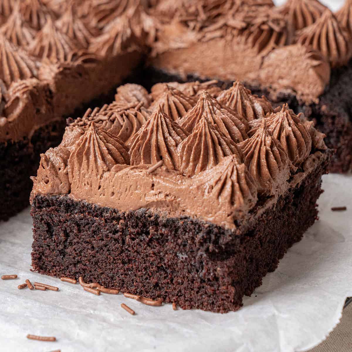 a slice of Chocolate Sheet Cake.