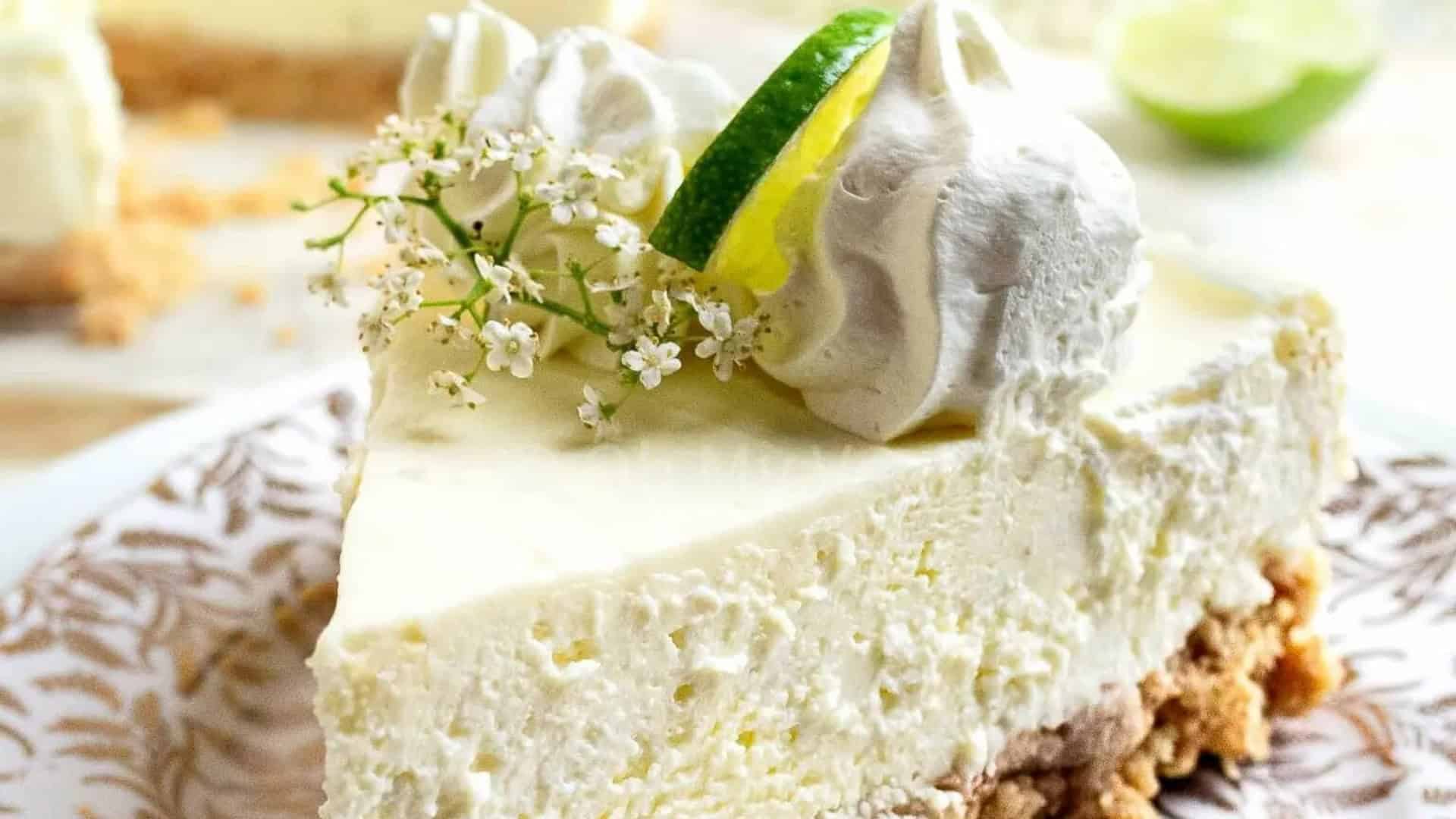 lime and elderflower cheesecake with fresh lime slice