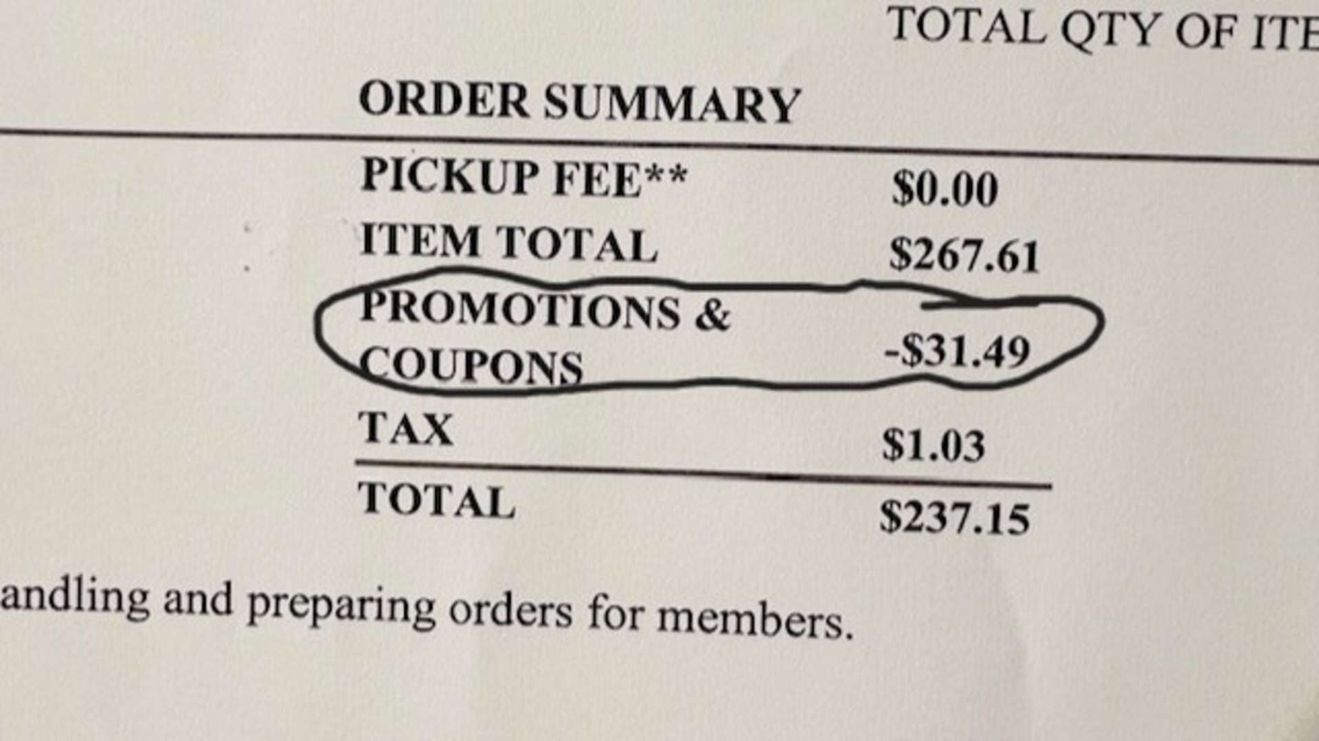 BJ's receipt with savings and promos