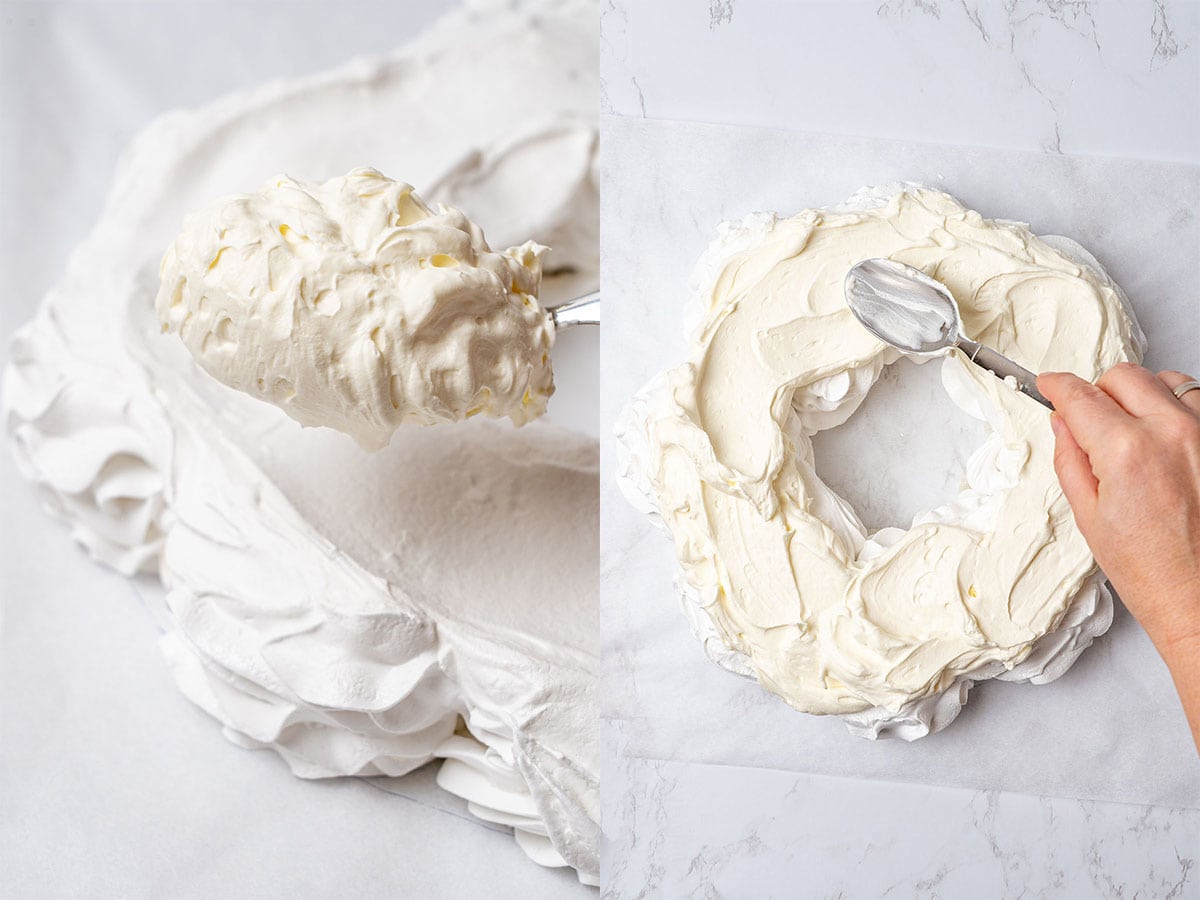 Adding the heavy cream filling to the pavlova.