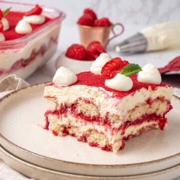 Raspberry tiramisu on a plate.