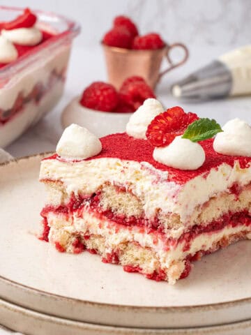 Raspberry tiramisu on a plate.