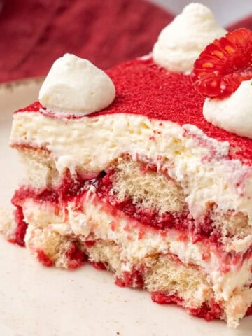 Raspberry tiramisu on a plate.