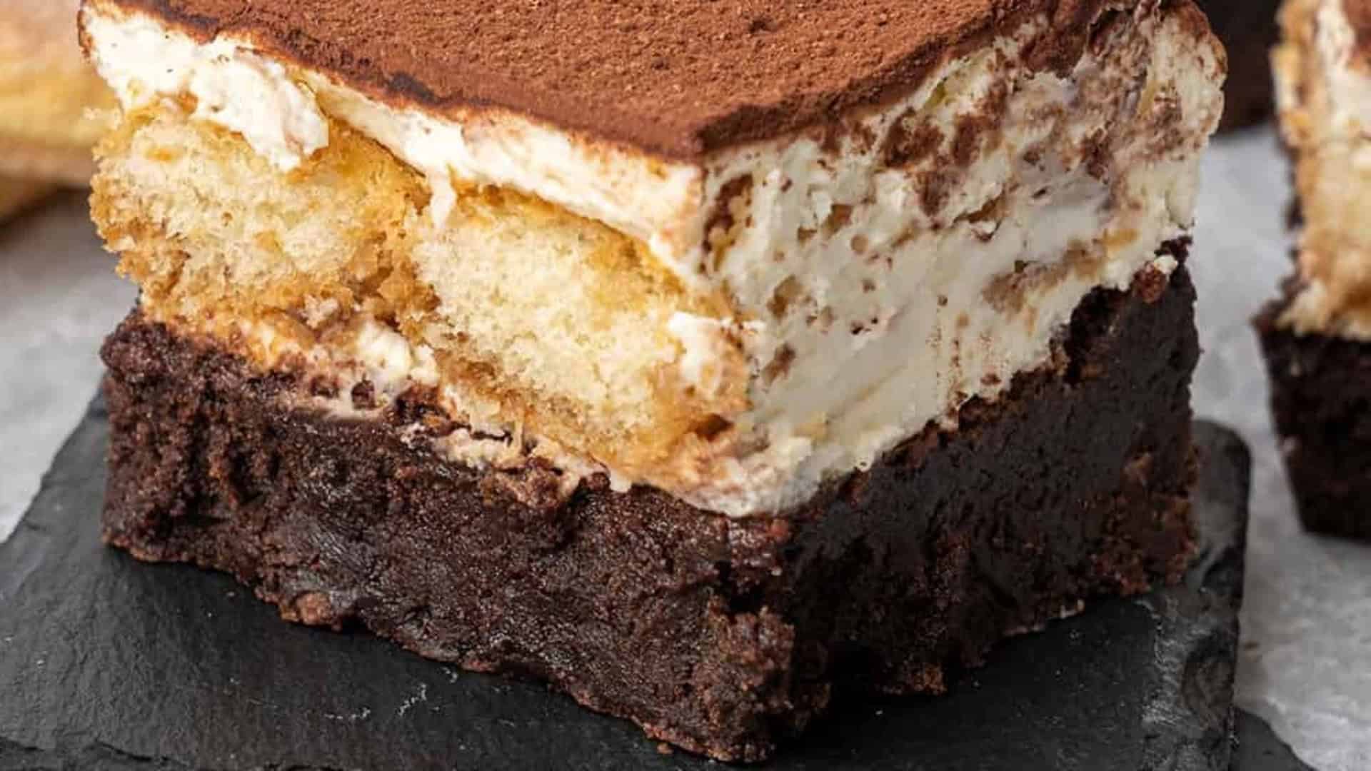 tiramisu topped chocolate brownies with cocoa powder