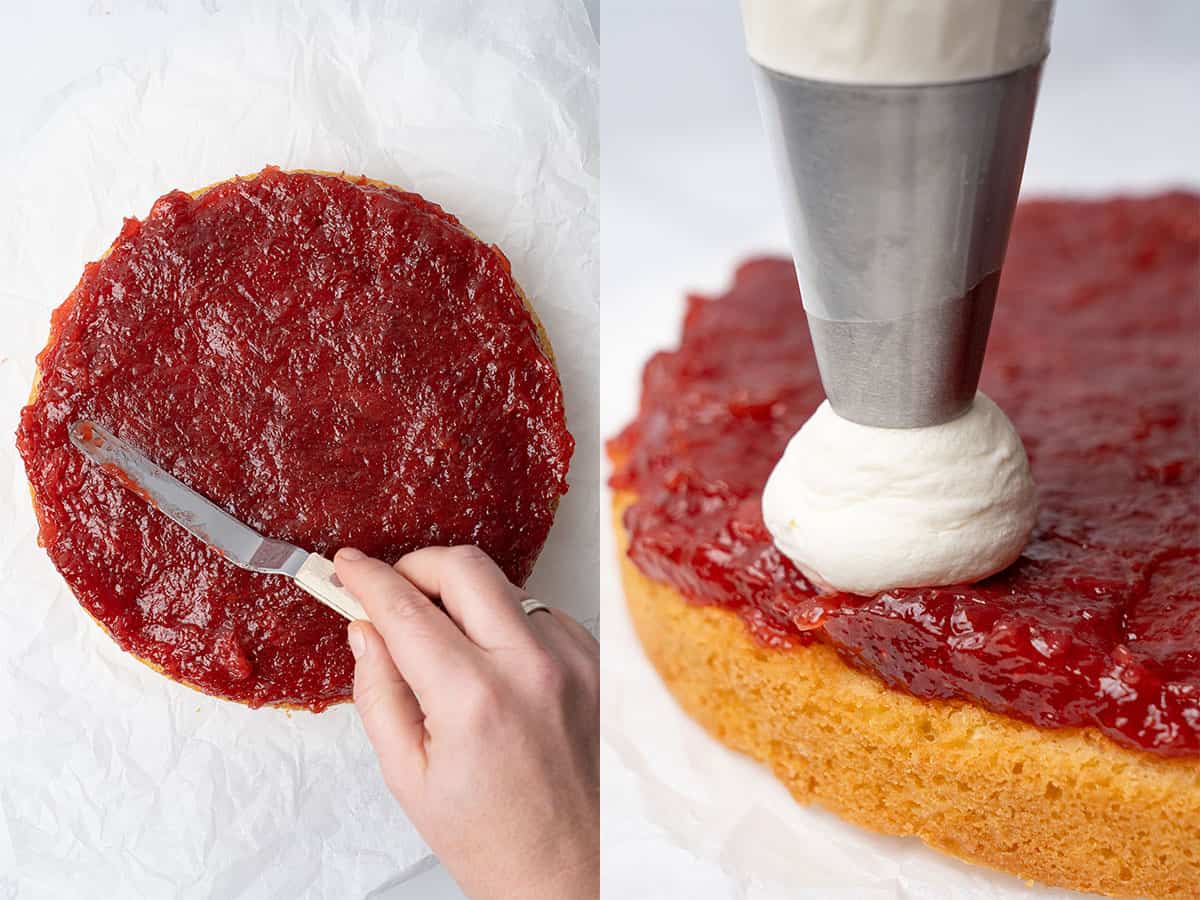 adding one layer of strawberry sauce and piping the Chantilly cream.