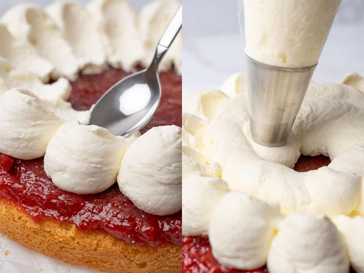 piping the Chantilly cream on top of the cake.