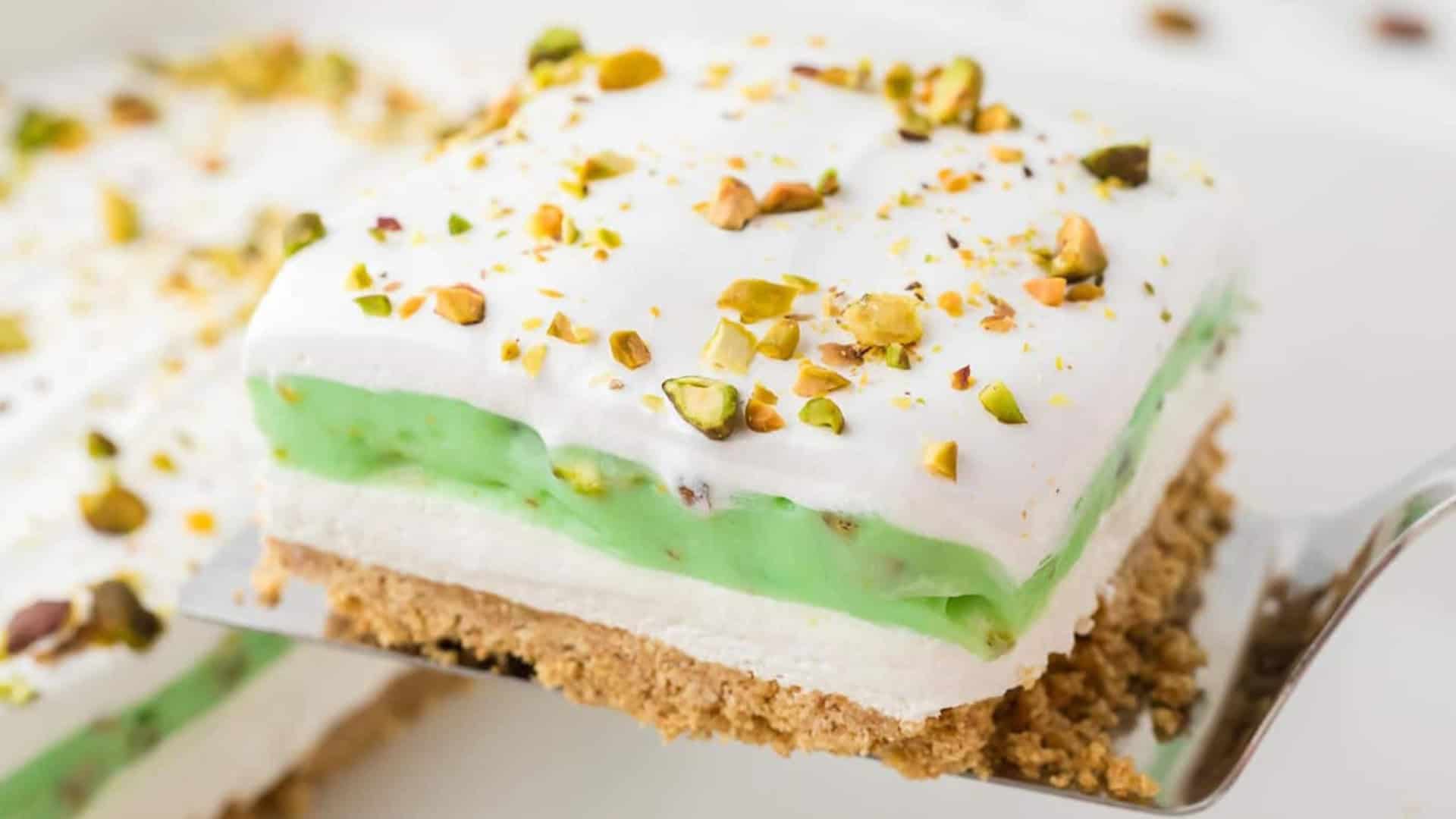 slice of no bake pistachio lush cake