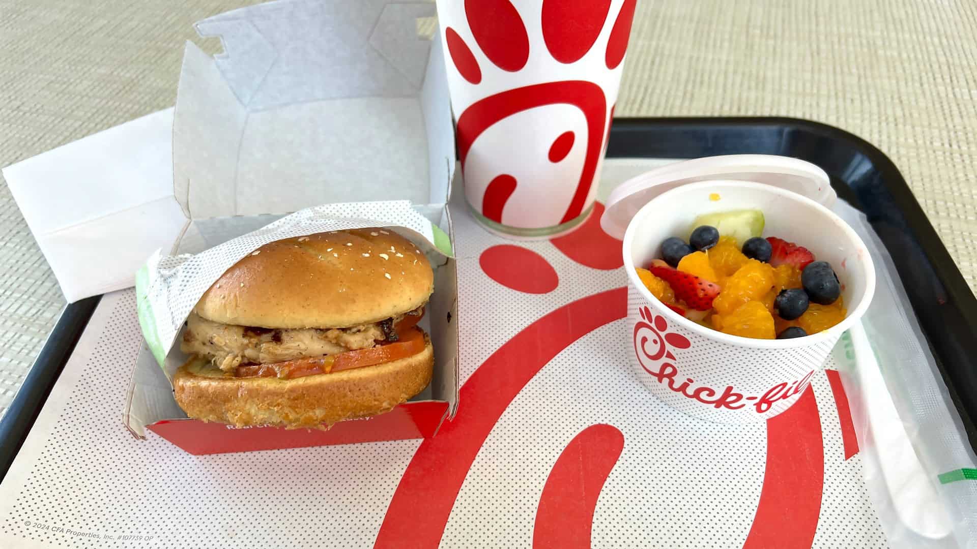 Chick Fil A tray of food with fruit cup