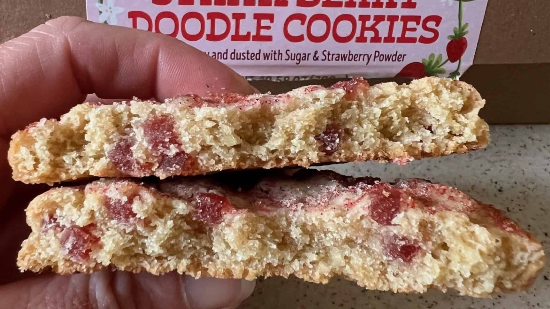 Trader Joes Strawberry Doodle cookie with strawberry pieces