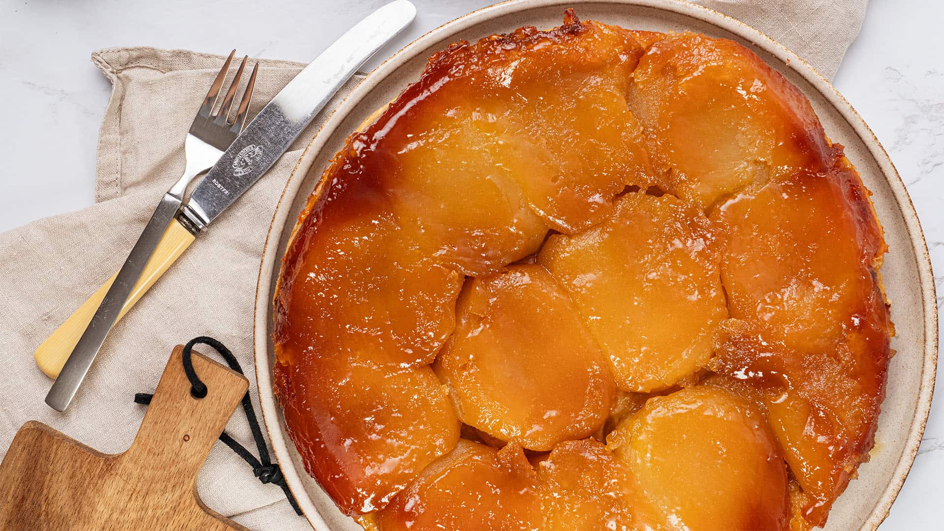 Apple Tarte Tatin on a plate.