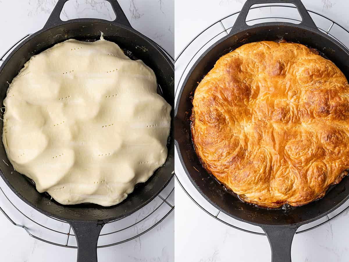 Apple tarte tatin before and after baking.