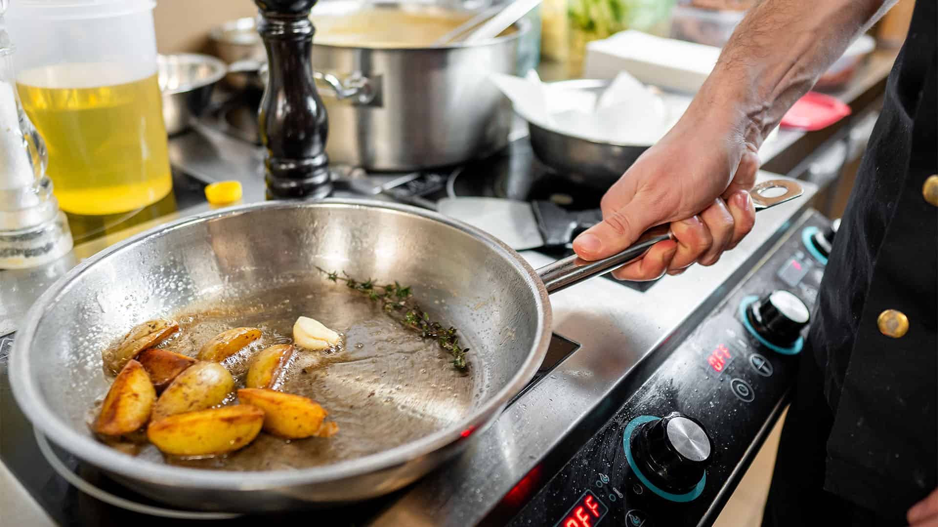 cooking in stainless steel pan.