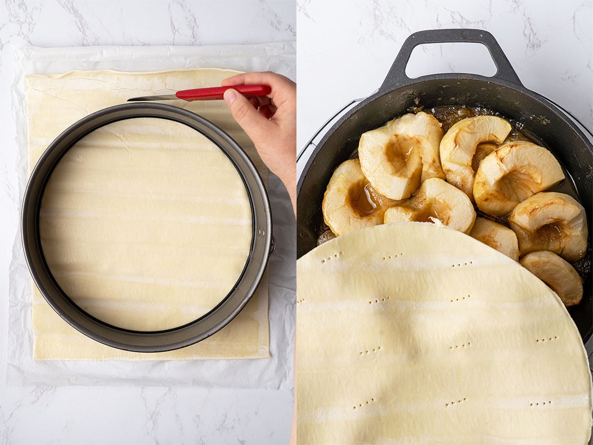 puff pastry over the apples tarte tatin
