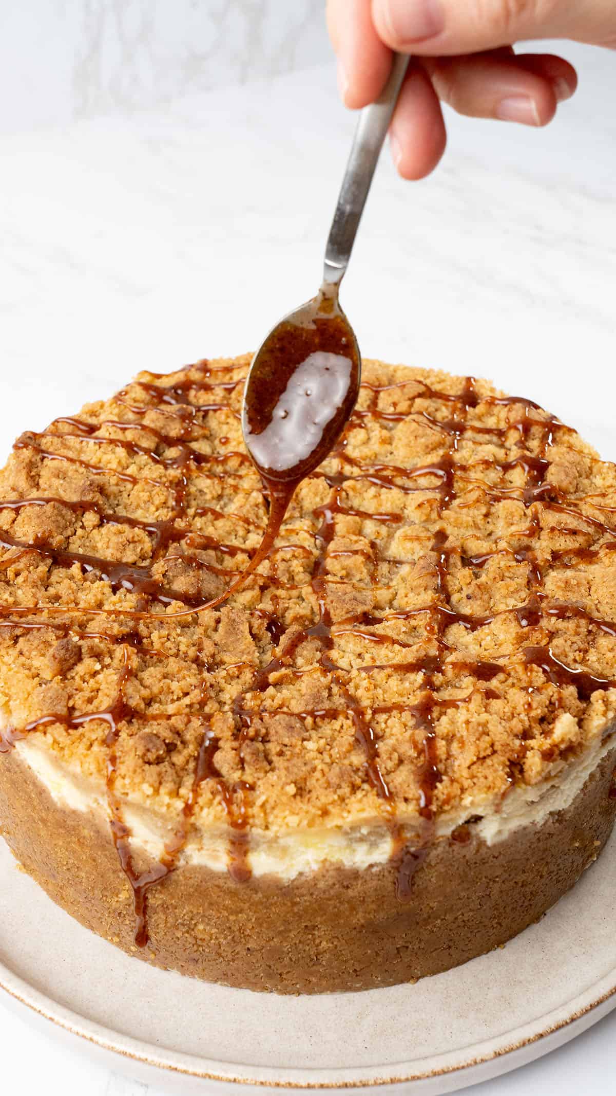 decorate the apple crumb cheesecake with apple caramel sauce.