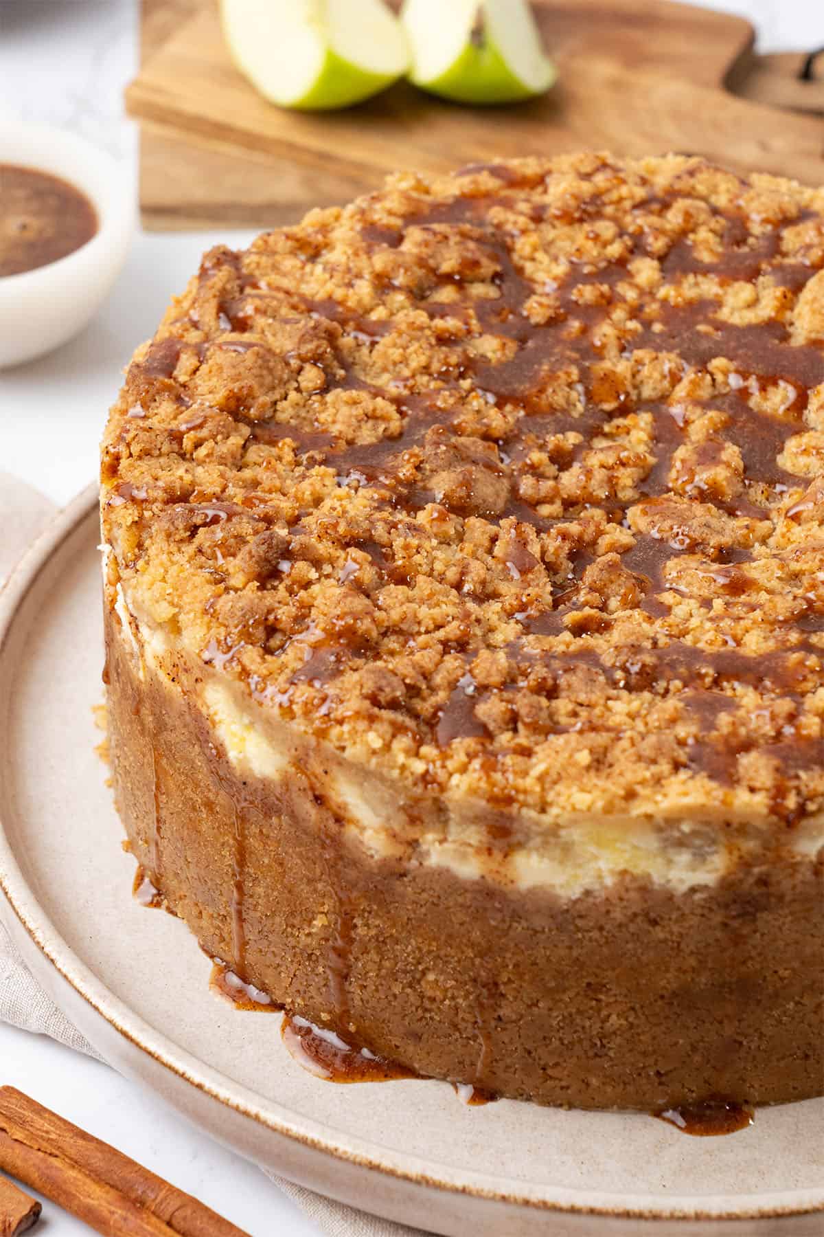 A slice of Apple Crumb cheesecake.
