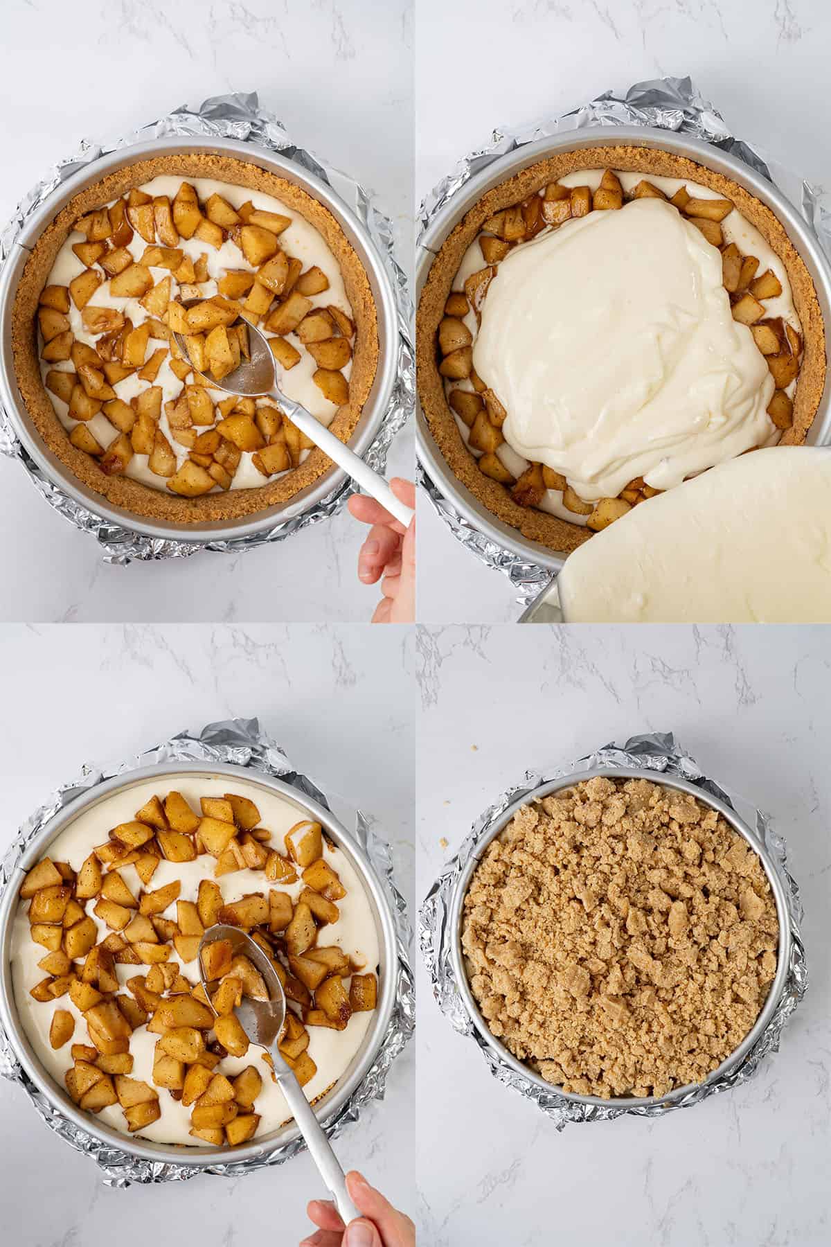 Assembling the Apple crumb cheesecake.