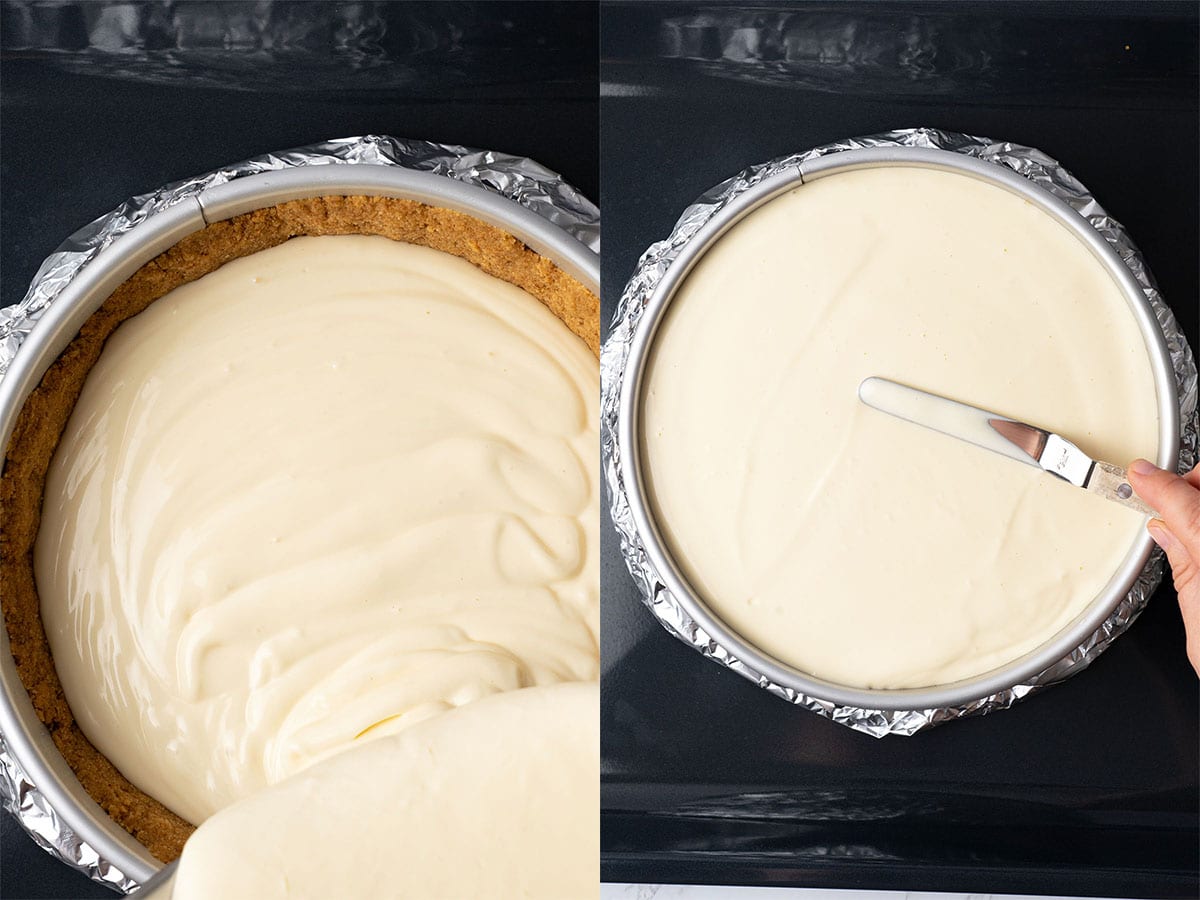 Pouring the cheesecake batter into the crust.