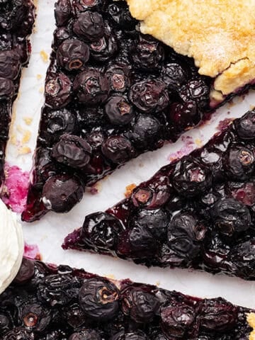 Blueberry galette with a scoop of ice cream.