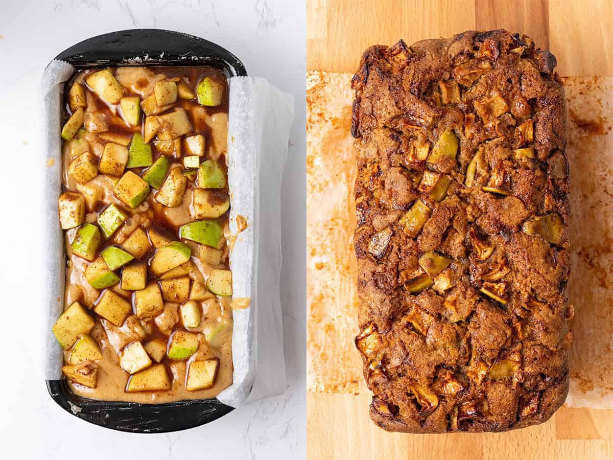 Cinnamon apple bread before and after baking.