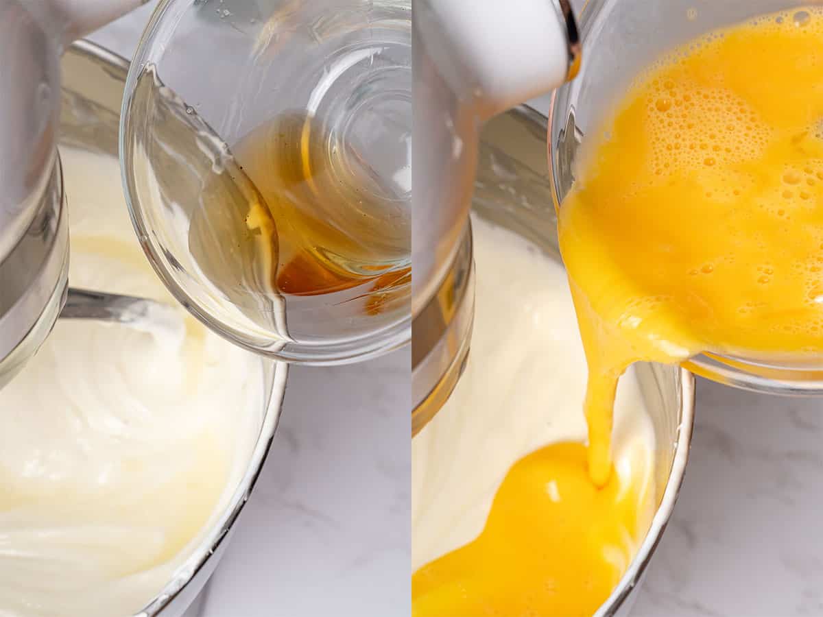 adding vanilla extract and eggs to the cheesecake mix.