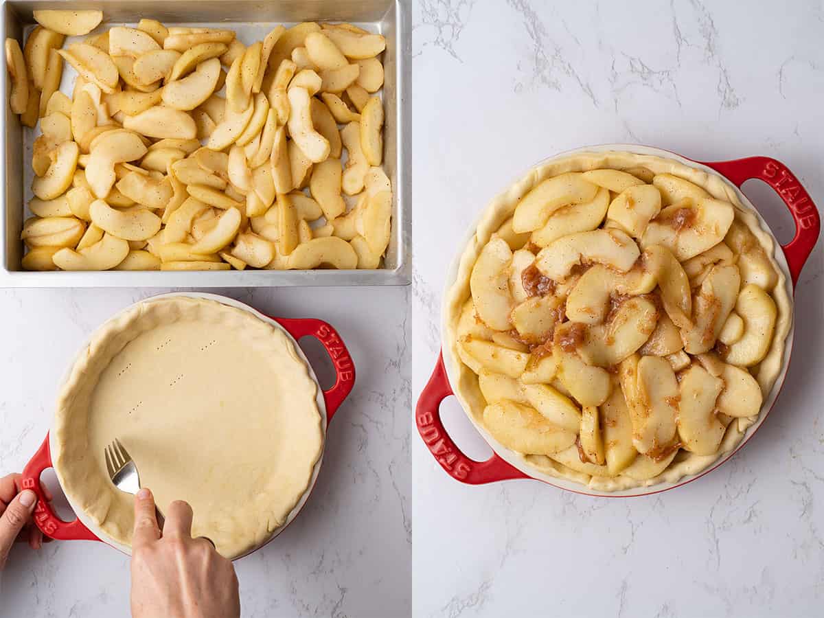 Place the dough into the pie dish and fill with pre cooked apples.