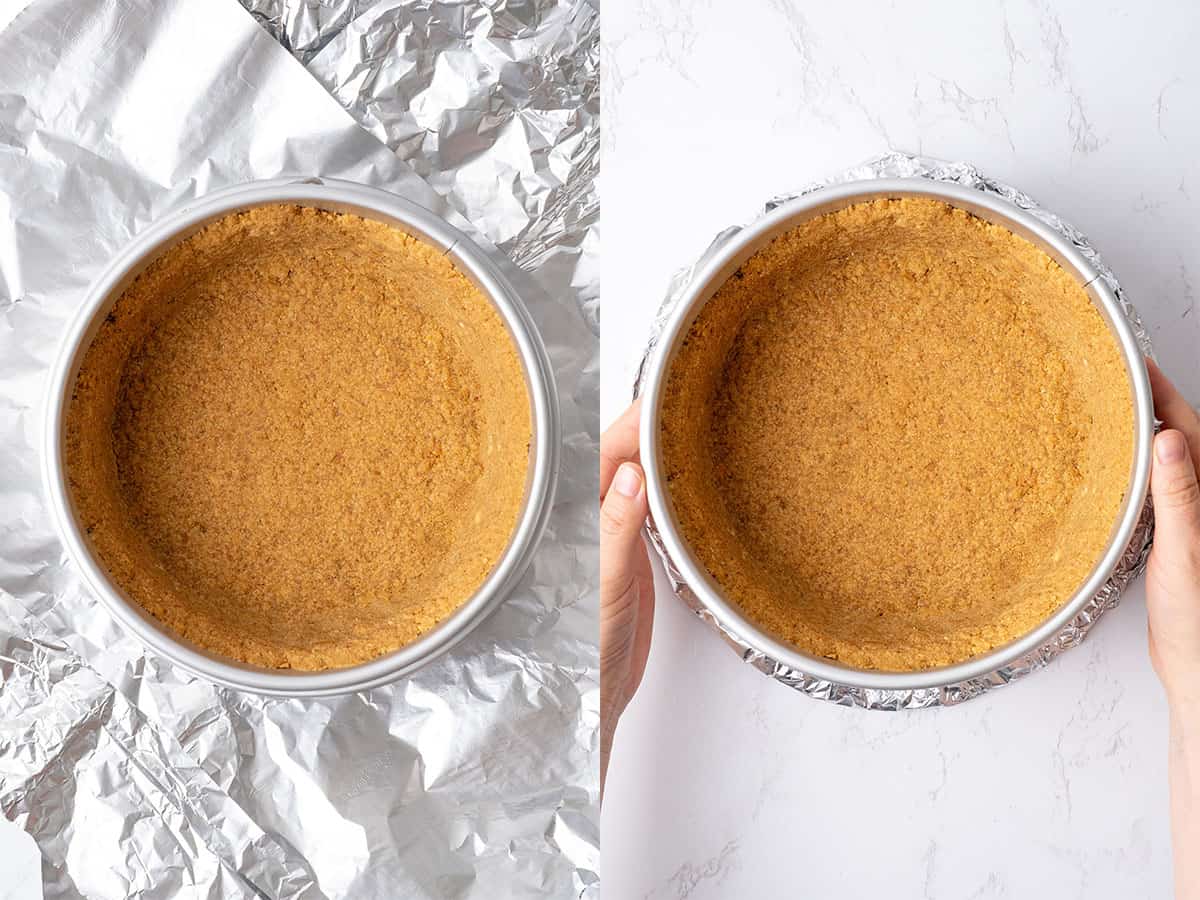 Preparing the cheesecake crust for baking.