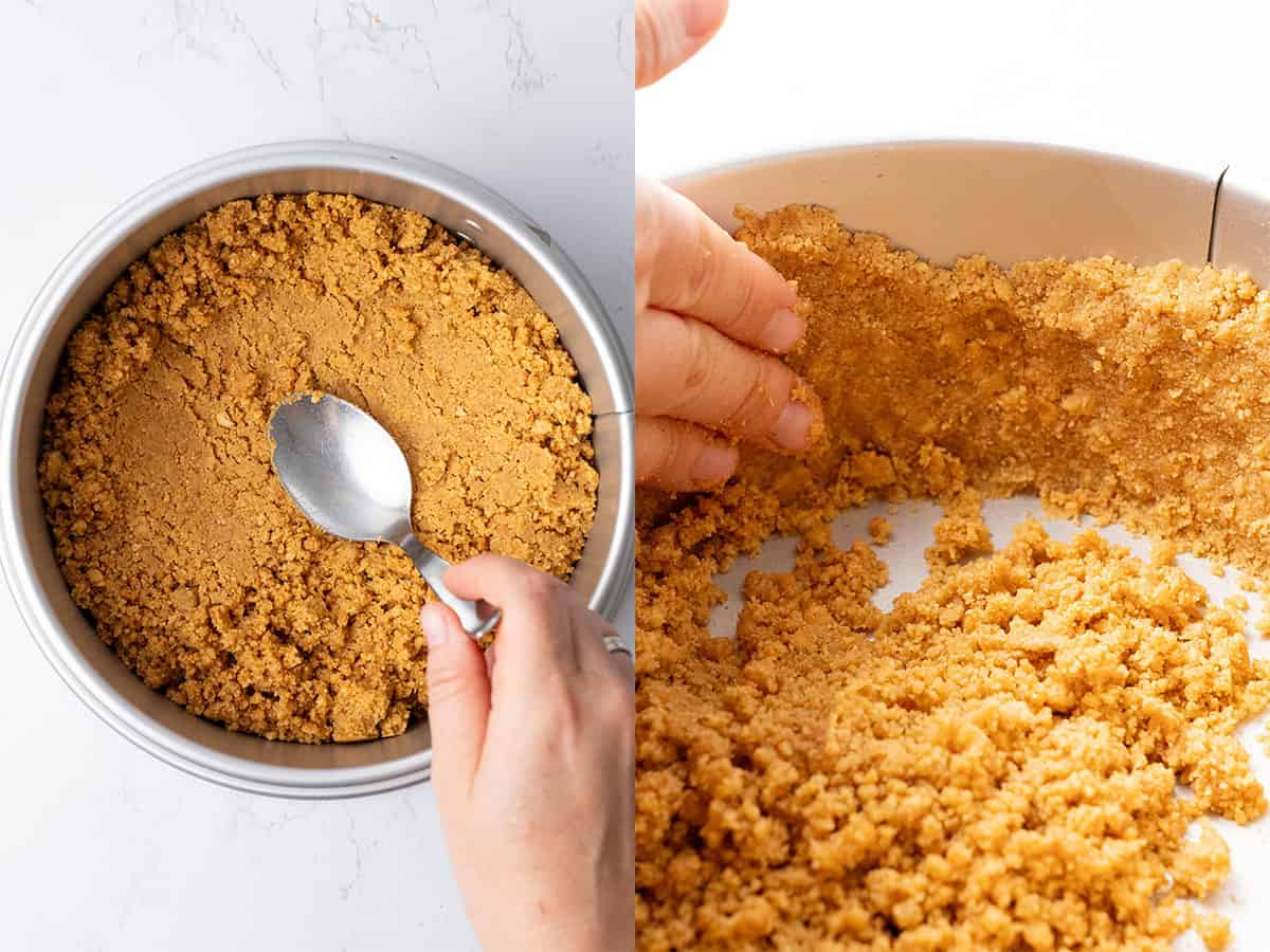 with a spoon push the graham cracker to the bottom of the cake pan.