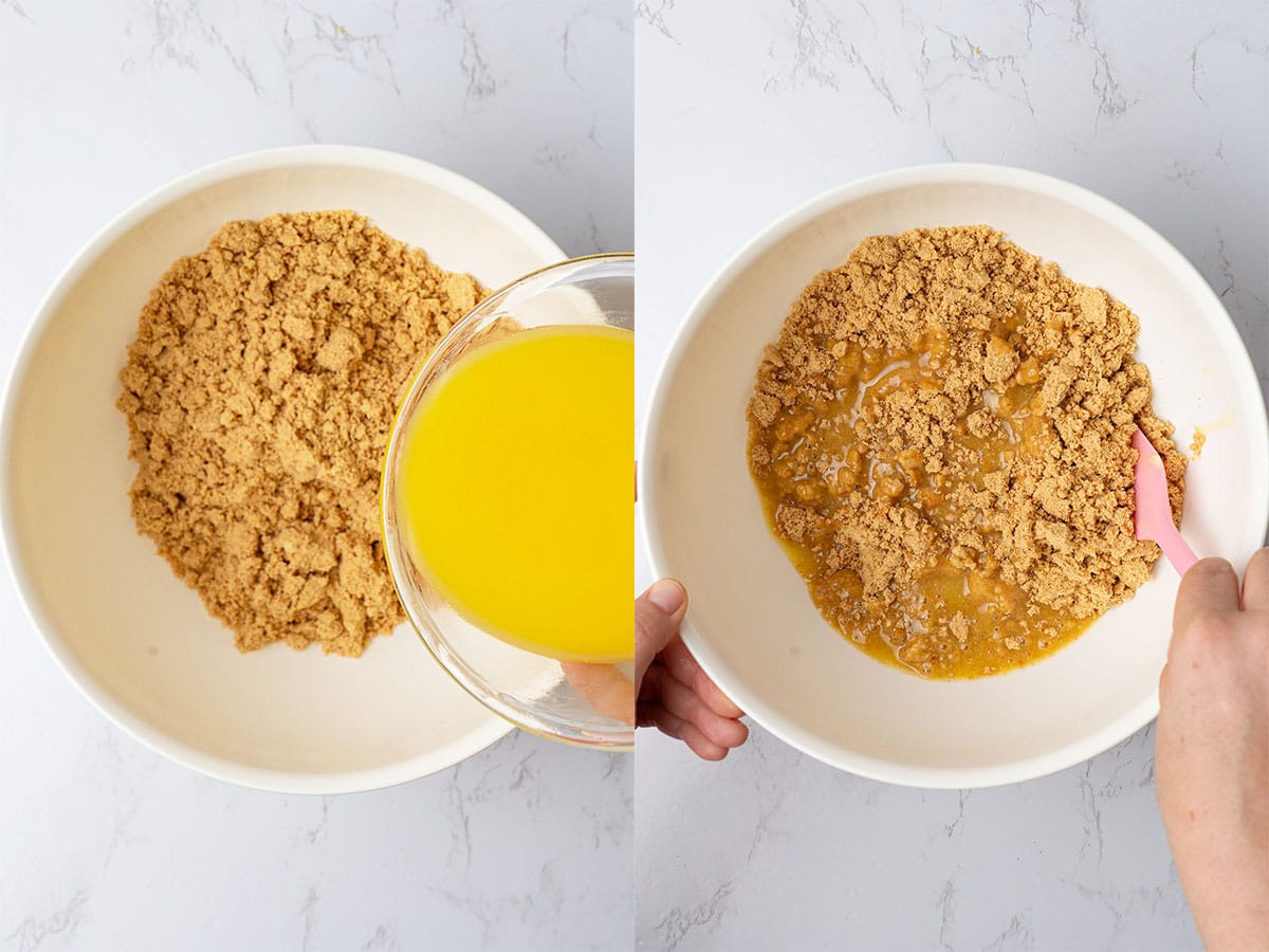 adding melted butter to the crashed graham cracker.