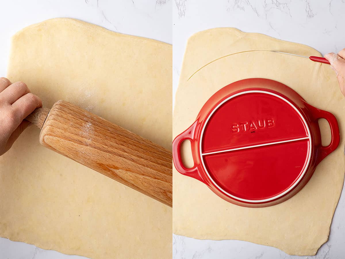 roll out the dough for apple pie and cut to the right size.