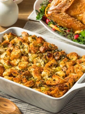 Homemade Thanksgiving Stuffing Dressing Casserole with Thyme and Sage