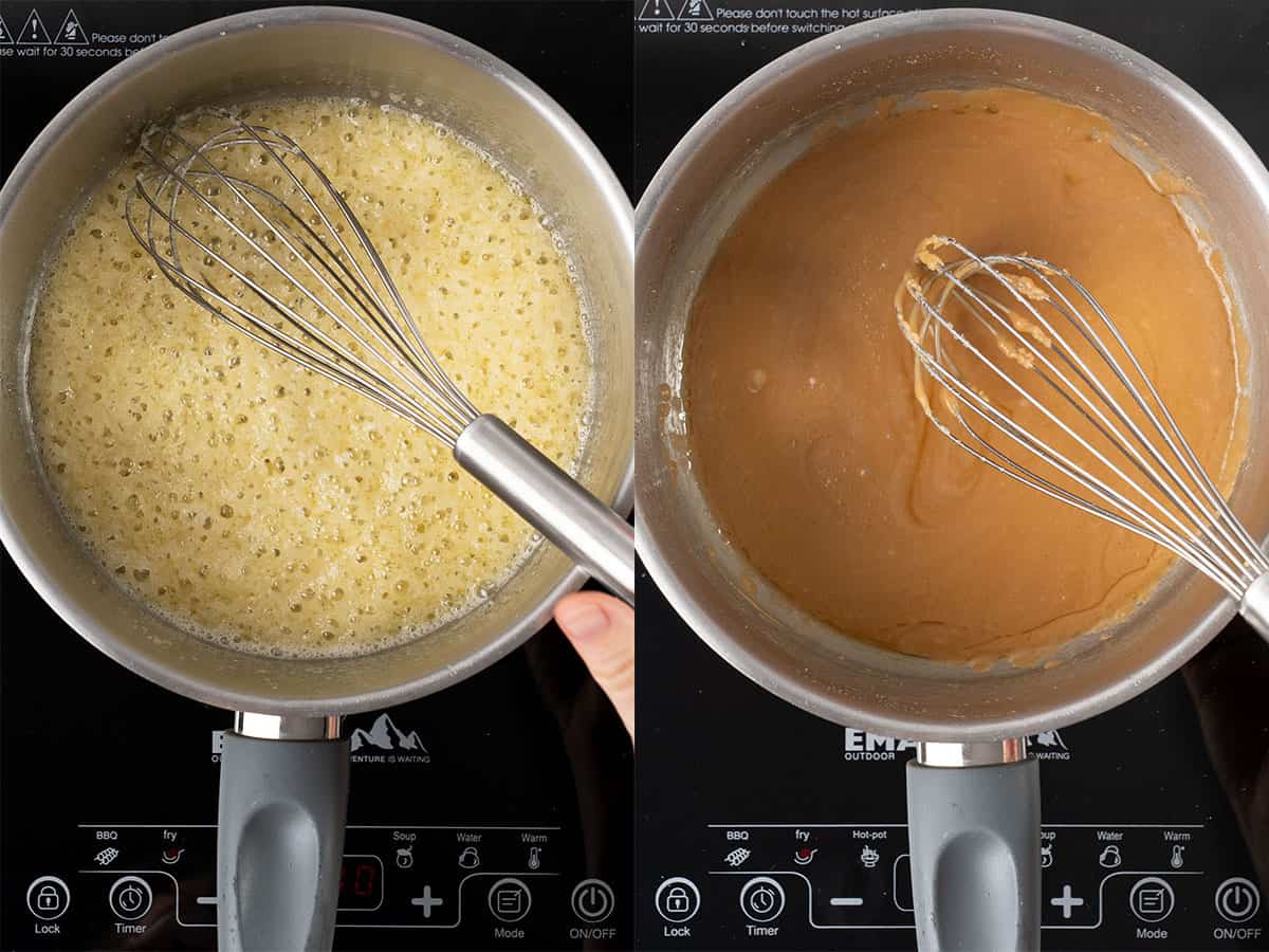 Making caramel on the stove.