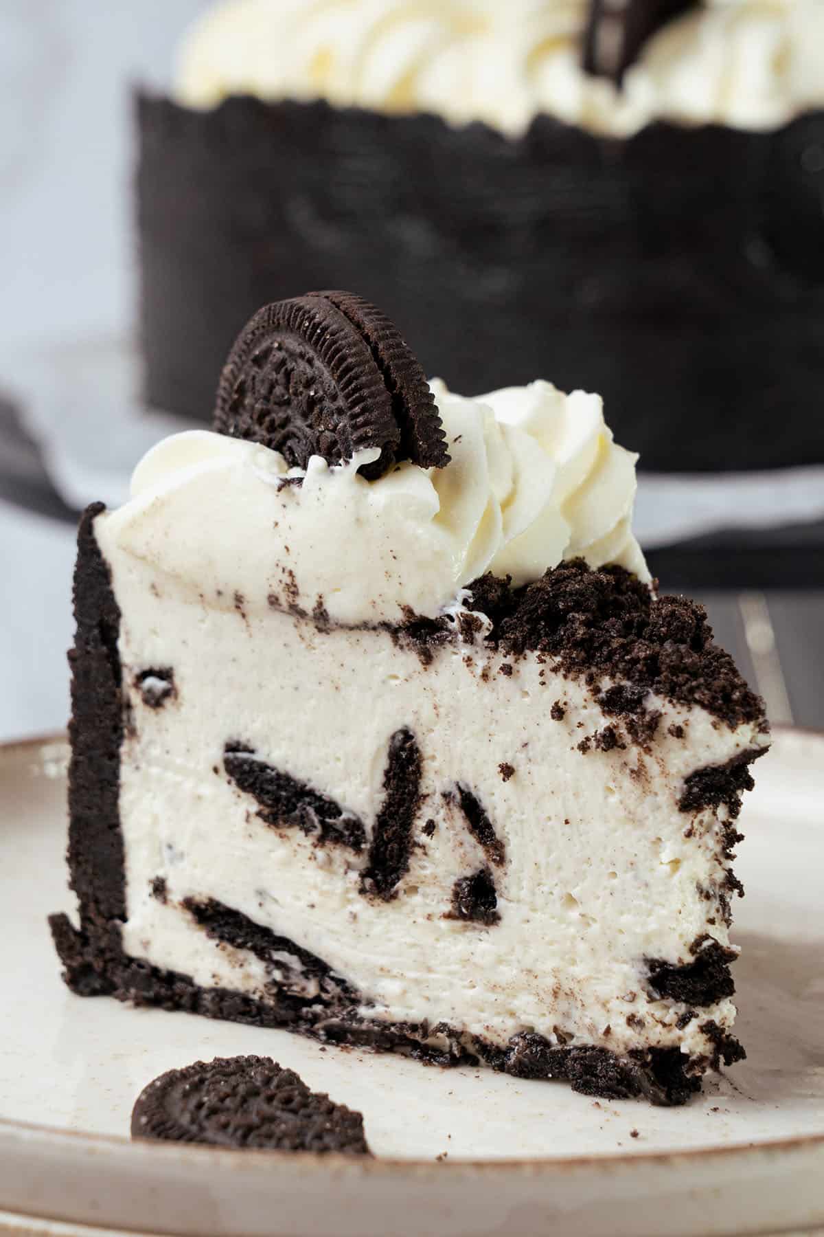 a slice of Oreo cheesecake.